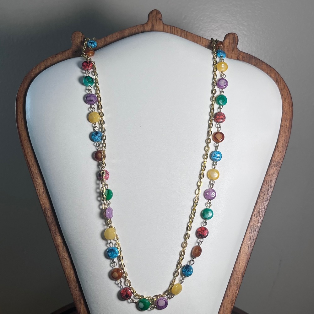 Vtg Hong Kong Double Strand Multi Color Glass Bead Necklace 50 Inch Gold Tone